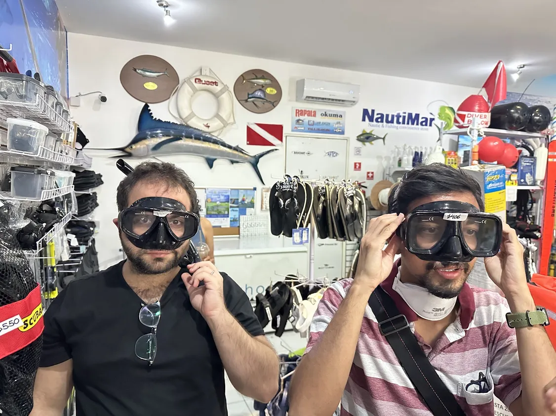 Samaya team testing out scuba diving equipment while at our offsite